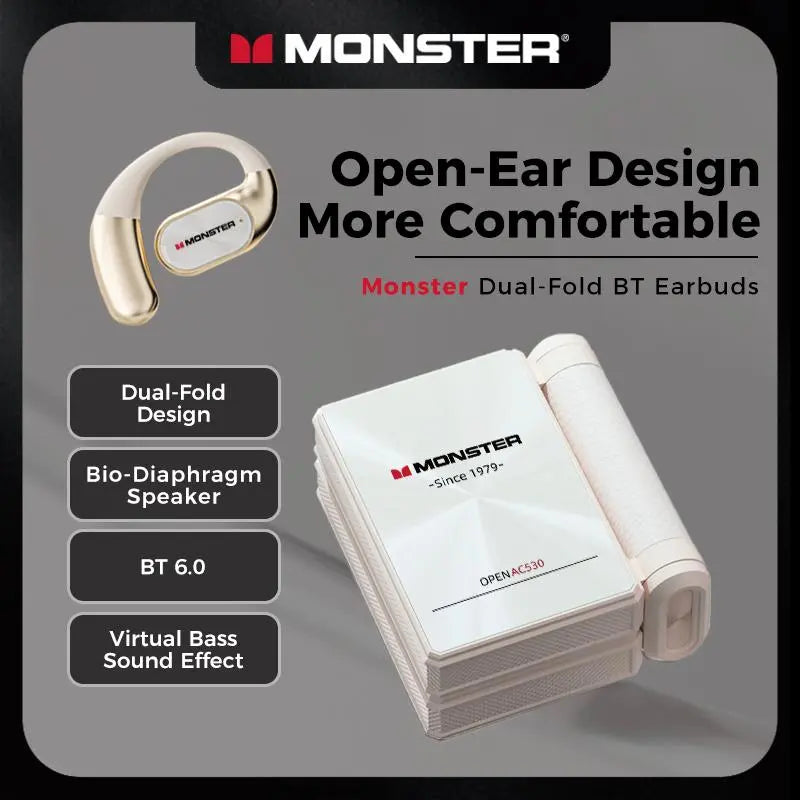 Monster AC530 Open-Ear Mic Headset, Dual-Fold Design, Mic Noise Cancellation Headphones, 165H Long Battery Life Bluetooth 6.0 Wireless Earbuds, Touch Control,Sweatproof, for Running, Workout, Driving, Back to SchoolâGift for Men-SummerWins-DealsForYouDays