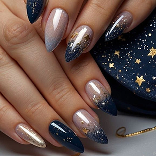 Celestial Night Medium Almond Dark Blue with Glittering Gold Stars Press On Nail Set