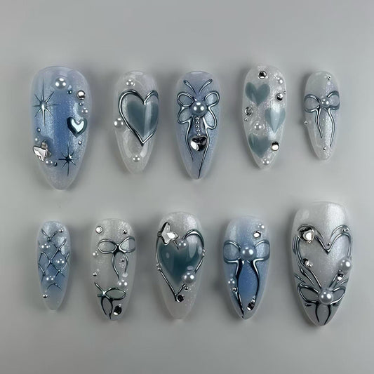 Elegant Love Affair Medium Almond Blue and White with Iridescent Pearls and Charming Silver Accents Press on Nail Set