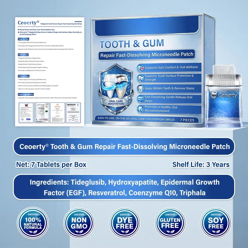 Ceoerty® Tooth & Gum Care Fast-Dissolving Microneedle Patch✨ (𝟓-𝐢𝐧-𝟏 💎 𝐑𝐞𝐛𝐮𝐢𝐥𝐝 𝐄𝐧𝐚𝐦𝐞𝐥 & 𝐃𝐞𝐧𝐭𝐢𝐧 • 𝐒𝐭𝐫𝐞𝐧𝐠𝐭𝐡𝐞𝐧 𝐆𝐮𝐦𝐬 • 𝐄𝐫𝐚𝐝𝐢𝐜𝐚𝐭𝐞 𝐓𝐚𝐫𝐭𝐚𝐫 & 𝐎𝐝𝐨𝐫 • 𝐖𝐡𝐢𝐭𝐞𝐧𝐢𝐧𝐠 • 𝐒𝐭𝐨𝐩 𝐓𝐨𝐨𝐭𝐡 𝐒𝐞𝐧𝐬𝐢𝐭𝐢𝐯𝐢𝐭𝐲)