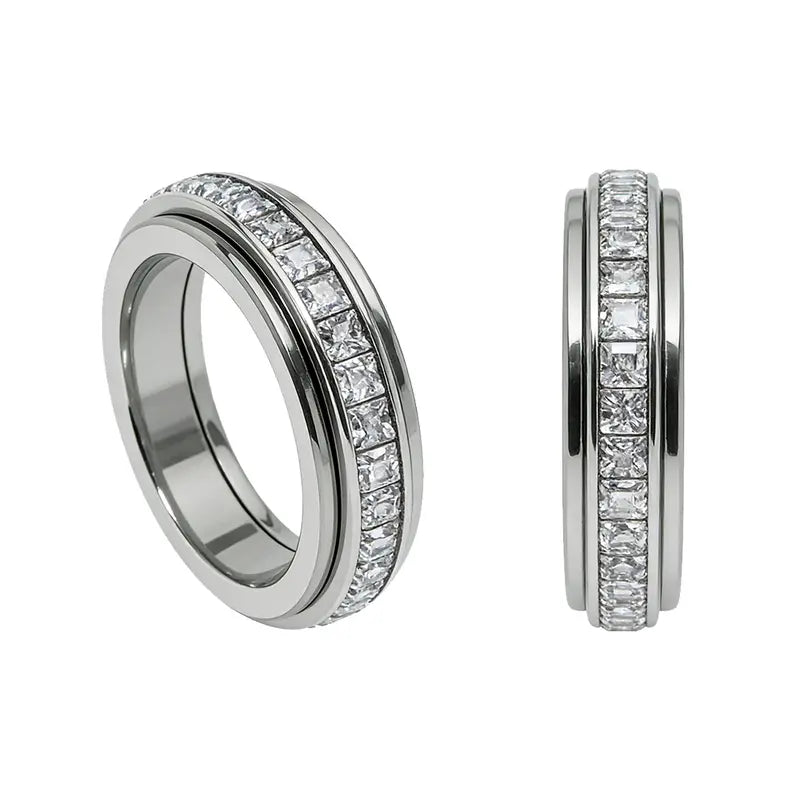 Anxiety Rings for Women and Men Titanium Steel Spinner Fidget Band Rings with Cubic Zirconia for Stress Relief and Wedding Promise Comfort Fit Size 5 to 12