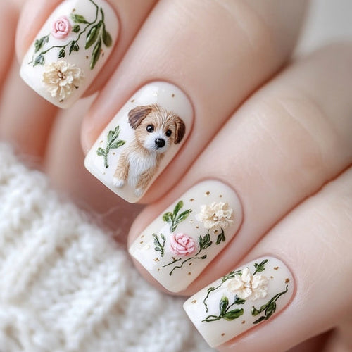 Puppy Paradise Short Square Cream Floral Press-On Nail Set with Adorable Dog Art