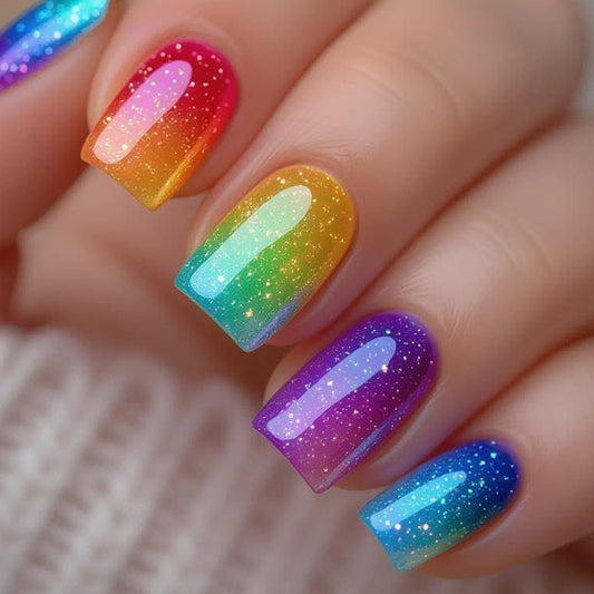 Rainbow Dreams Short Square Gradient Press On Nail Set with Sparkling Finish