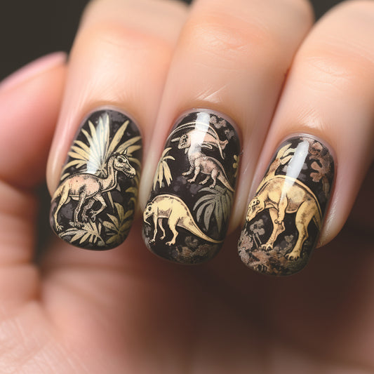 Dinosaur Adventure Short Round Black and Gold Themed Press On Nail Set with Intricate Jurassic Patterns