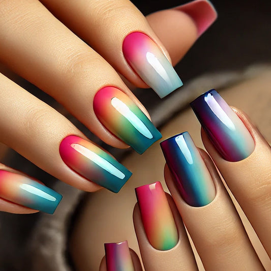 Rainbow Dream Ombre Medium Square Multi-Gradient Press On Nail Set with High Gloss Finish