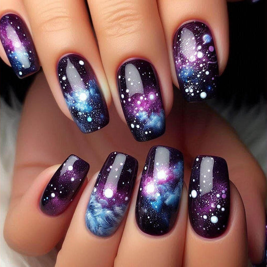 Galactic Dream Short Square Purple and Blue Cosmic Press On Nail Set with Stunning Galaxy Design