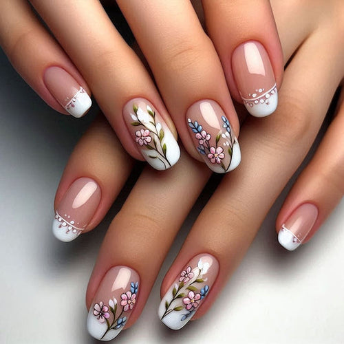 Whimsical Floral Elegance Medium Squoval White with Charming Blossoms Press On Nail Set