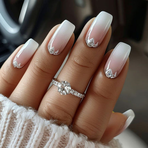 Elegant Whisper Medium Square Ombre White and Pink Press-On Nail Set with Glitter Accent Tips