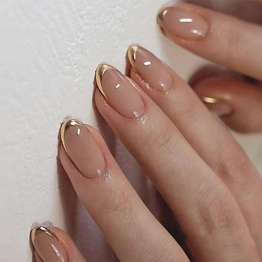 Elegant Enchantment Short Almond Beige Press-On Nail Set with Gold Tip Accent
