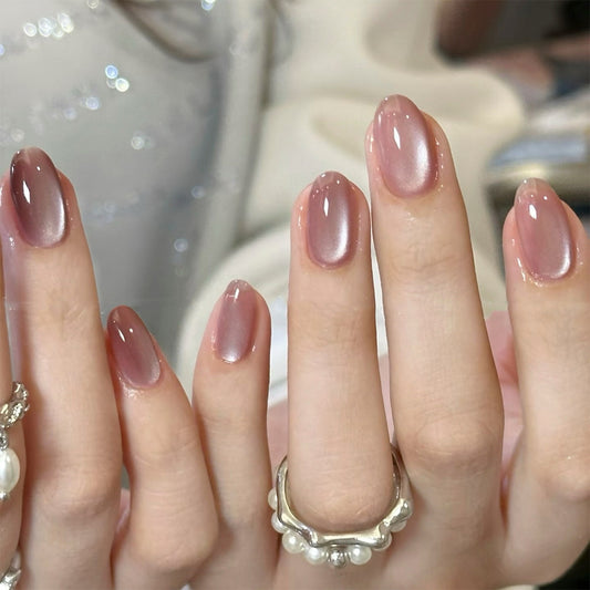 Elegant Rose Petals Short Oval Blush Ombre Press-On Nail Set with Shimmering Finish