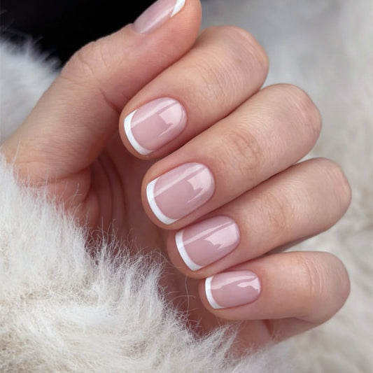 Elegant Charm Short Square Press On Nail Set in Soft Pink with Chic White Tips and Glossy Finish