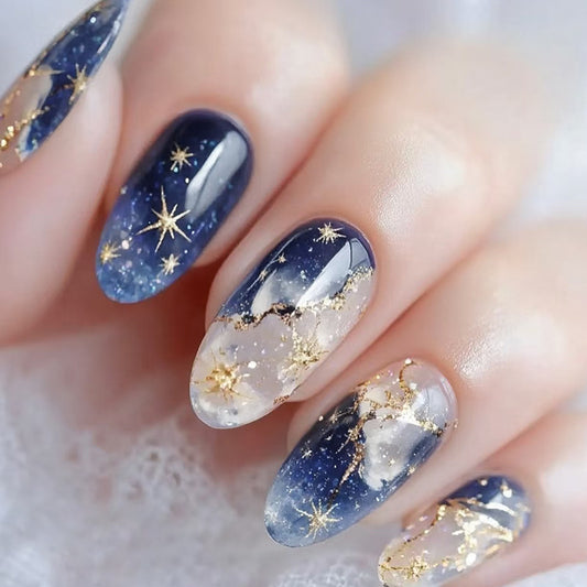 Celestial Dream Medium Oval Blue and Clear Ombre Press On Nail Set with Glittering Star Accents