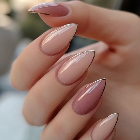 Elegant Enchantment Medium Almond Beige and Dusty Rose Press On Nail Set with Glamorous Gold Accent Tips