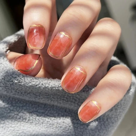 Gold Lines Short Square Pink Everyday Press On Nails